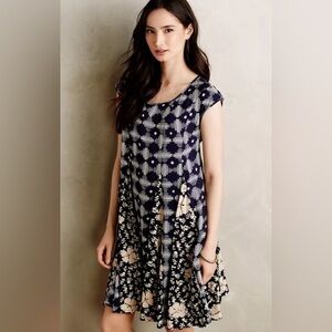 ANTHROPOLOGIE Maeve Indiga Swing Floral Dress Tasseled Back Lace Up Navy Size S